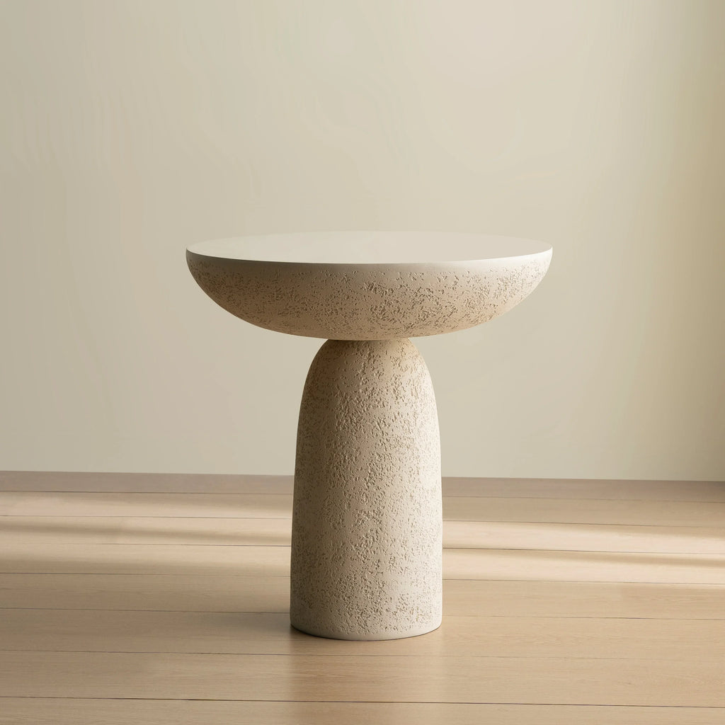 SHYFOY pedestal side table with stone-inspired hourglass base