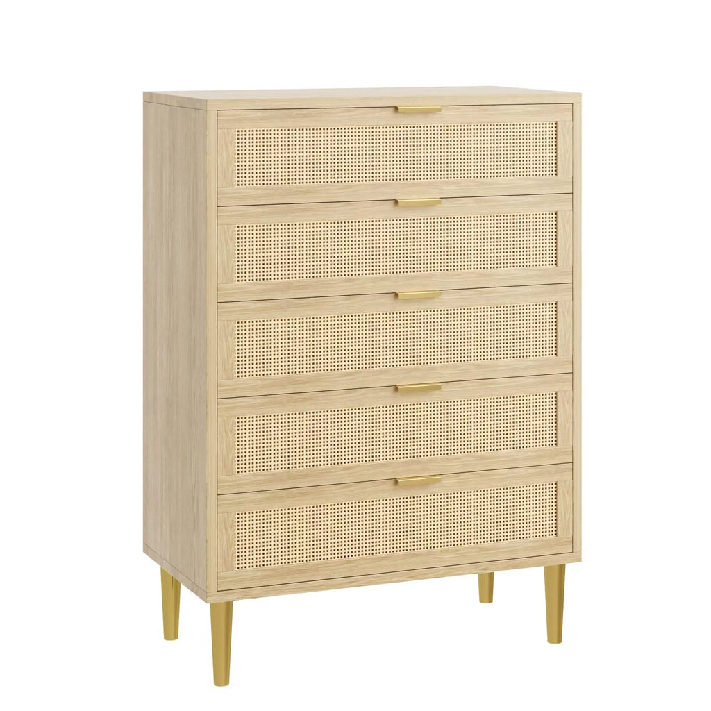 Modern Farmhouse Rattan 5-Drawer Dresser — Tall Narrow Chest