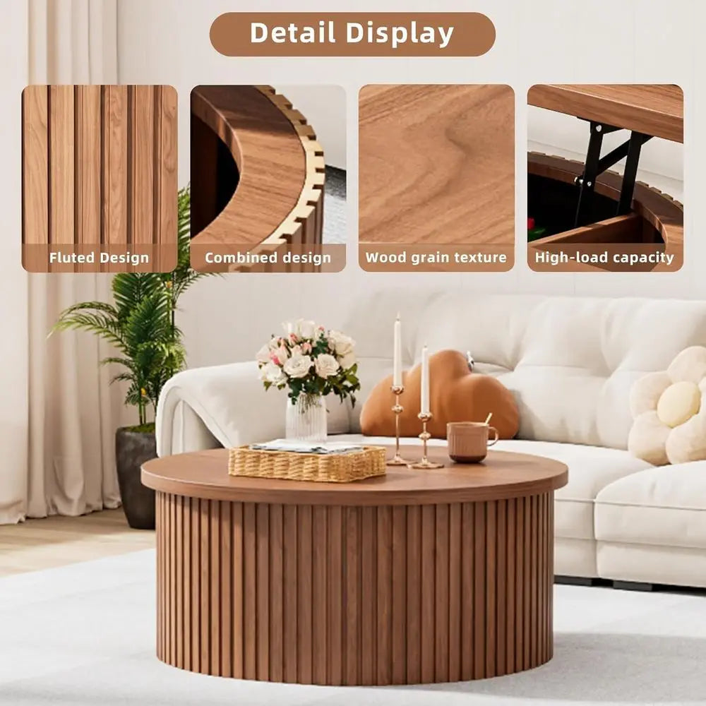 Fluted round coffee table with wood drum base and storage