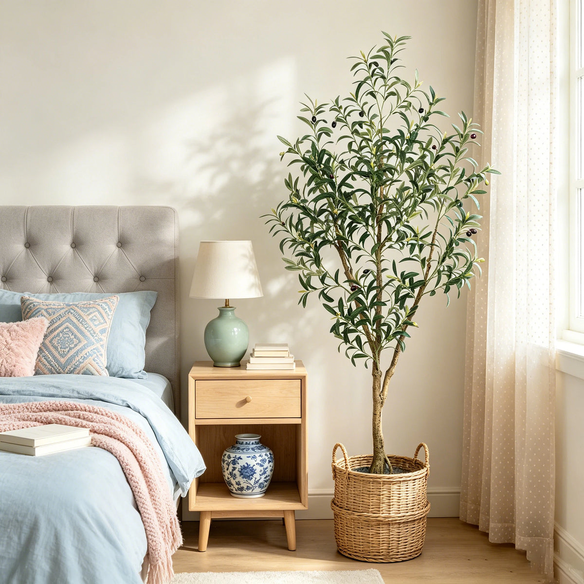 Olive Trees Artificial Indoor, 5.25/6.10/7.10FT Tall Faux Olive Tree with Black Pot, Artificial Plants with Natural Wood Trunk and Lifelike Fruits for Home Office Decor — feature detail