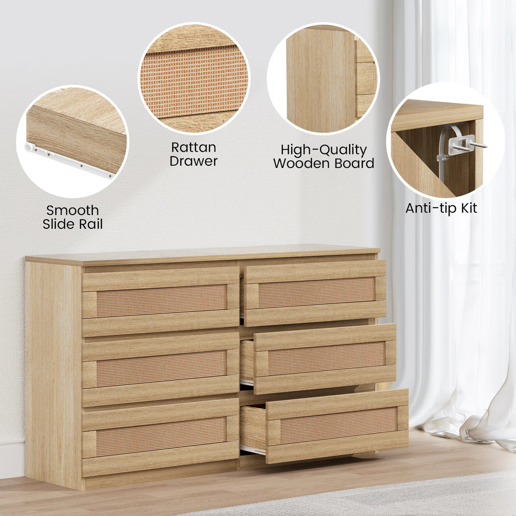 Rattan 6-Drawer Dresser — 47" Slim Bedroom Chest