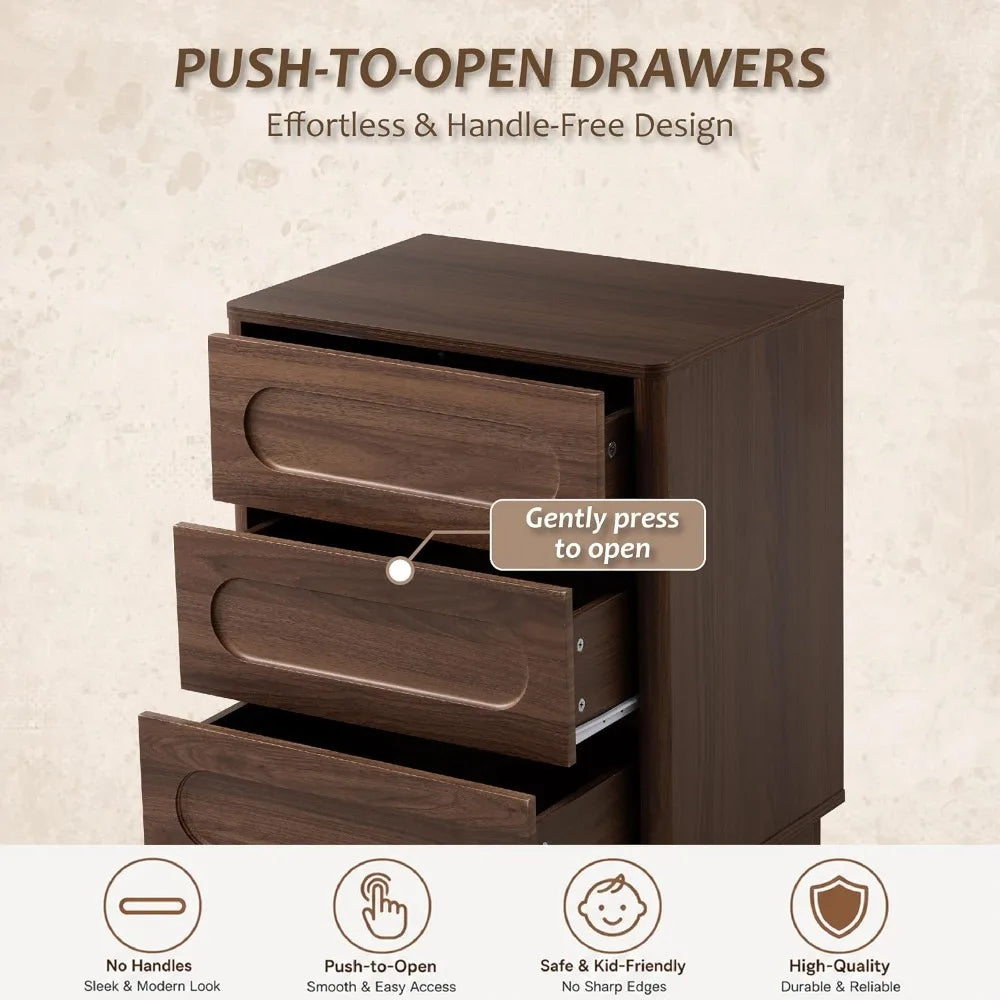 Mid-Century 3-Drawer Nightstand — Push-to-Open Walnut