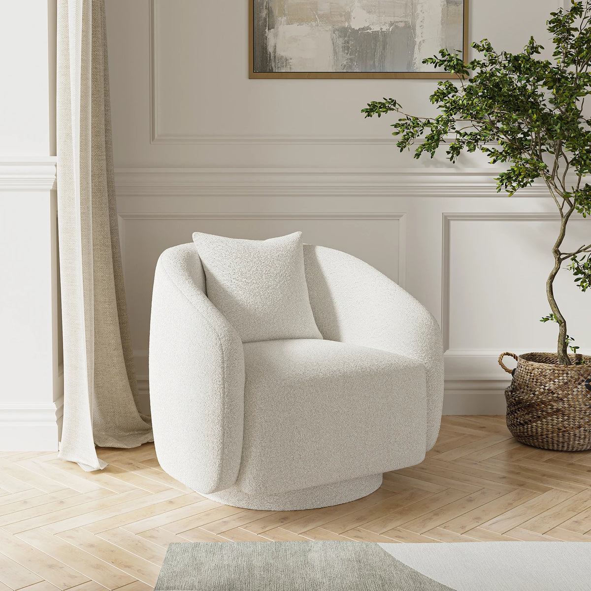 Swivel Barrel Chair with Back Pillow — Teddy Fabric Accent Chair