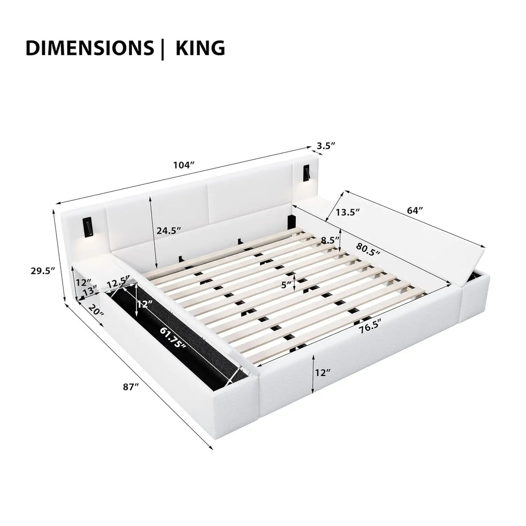 Upholstered king storage bed with LED headboard — front angle