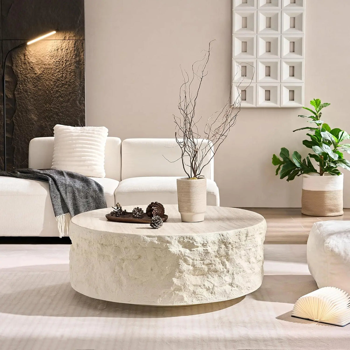 Round drum coffee table for apartment living rooms