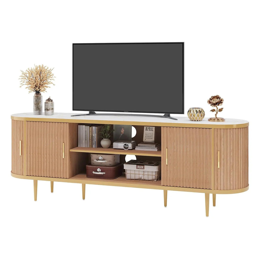 70" Fluted TV Stand — Faux Marble Top, Natural Oak