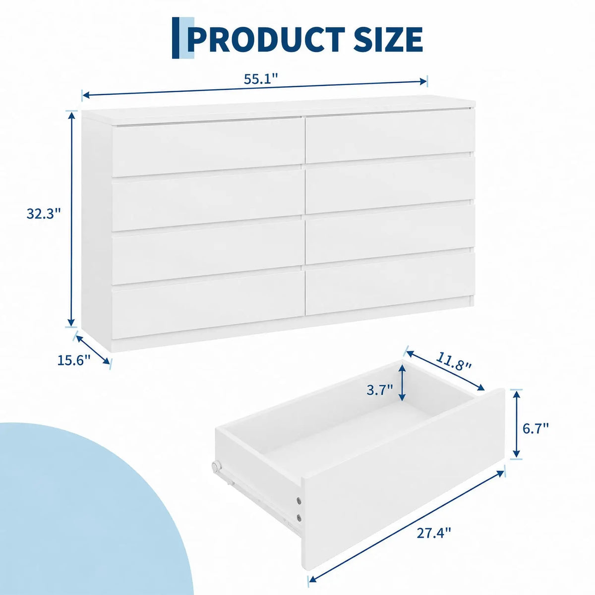 Modern eight-drawer wood storage cabinet — side angle