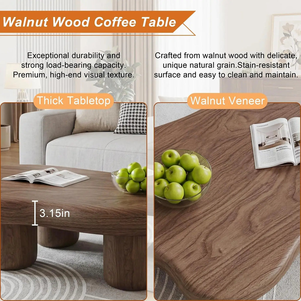 Modern cloud-shaped coffee table with drum legs in solid wood