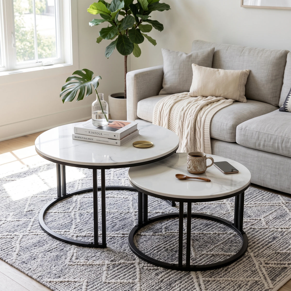 Nesting Coffee Table Set of 2 — 27.5" Round Stone-Top