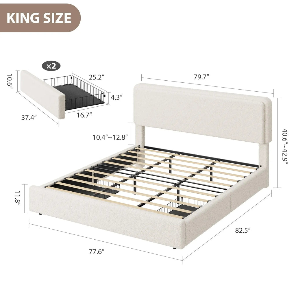 Boucle Upholstered Platform Bed — King with Storage Drawers