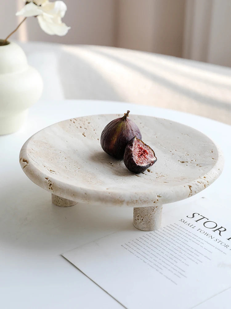 Travertine Reception Tray — Three-Leg Fruit Bowl, 9.6"