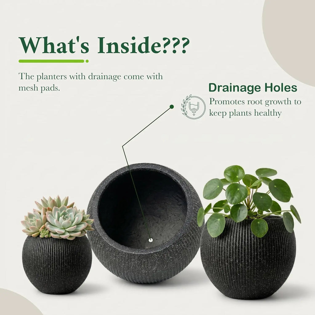 Fiberstone Sphere Planter — 12.6in D x 10in H, Ribbed Black