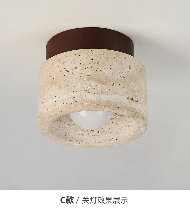 Wabi-Sabi Travertine Ceiling Lamp — Natural Stone & Wood Fixture