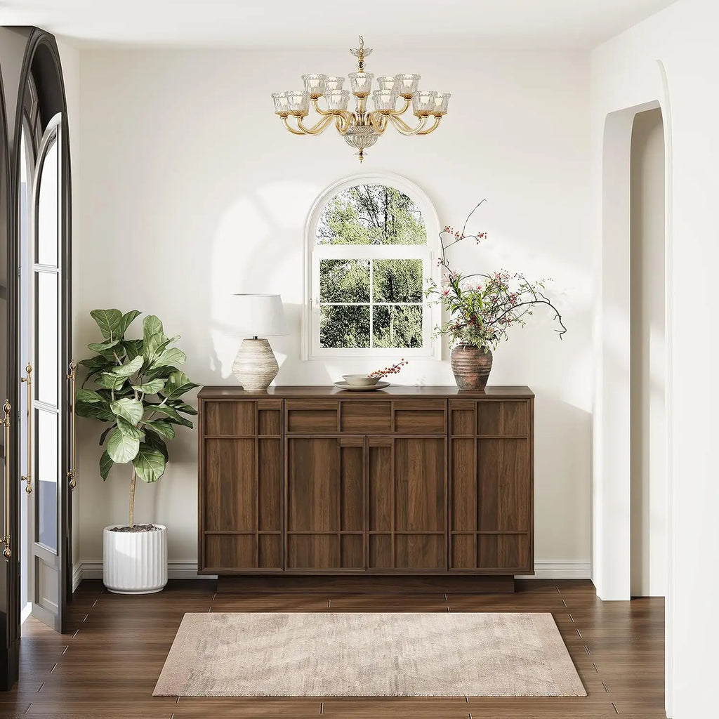 ONBRILL 55" Walnut Sideboard Buffet Cabinet with LED Lights