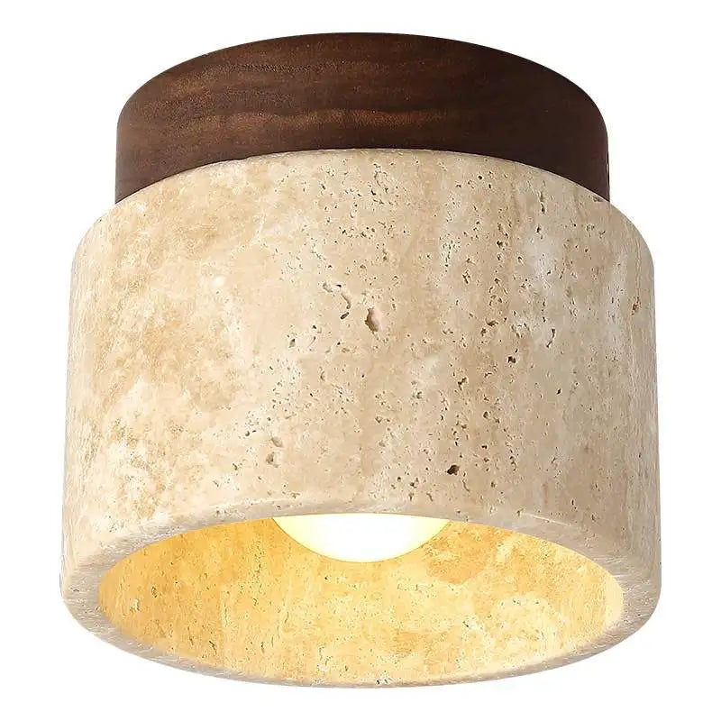Wabi-Sabi Travertine Ceiling Lamp — Natural Stone & Wood Fixture