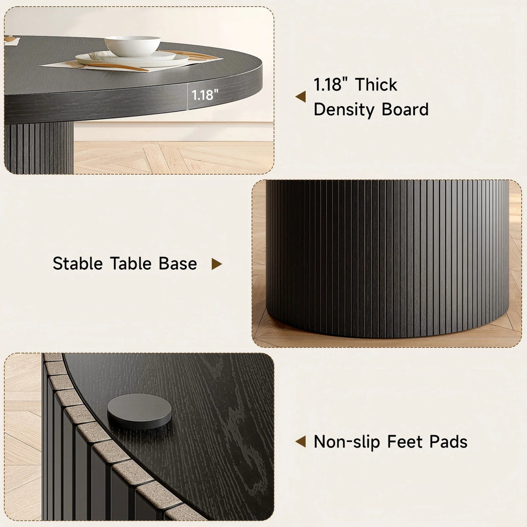 Black fluted round dining table — front detail view