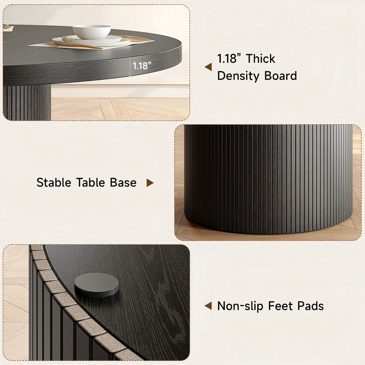 Black fluted round dining table — front detail view