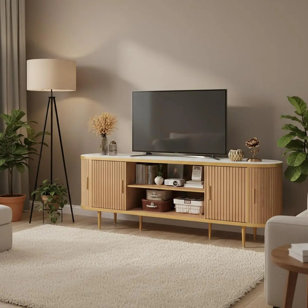 70" Fluted TV Stand — Faux Marble Top, Natural Oak