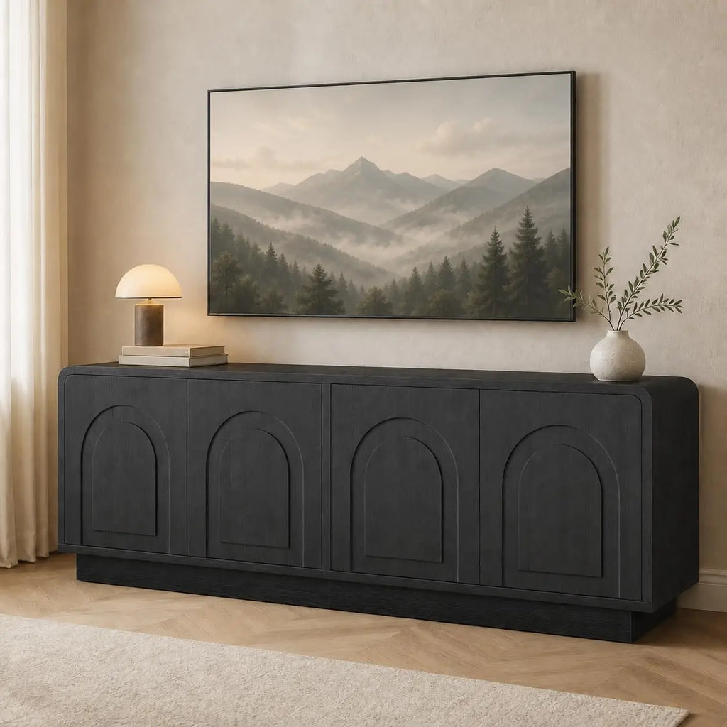 Mid-century arched TV stand with hidden storage