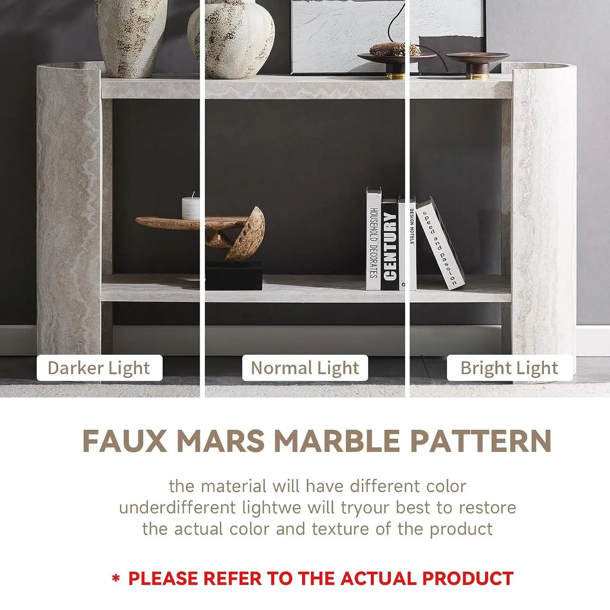 Faux marble console table with wood base and open shelf