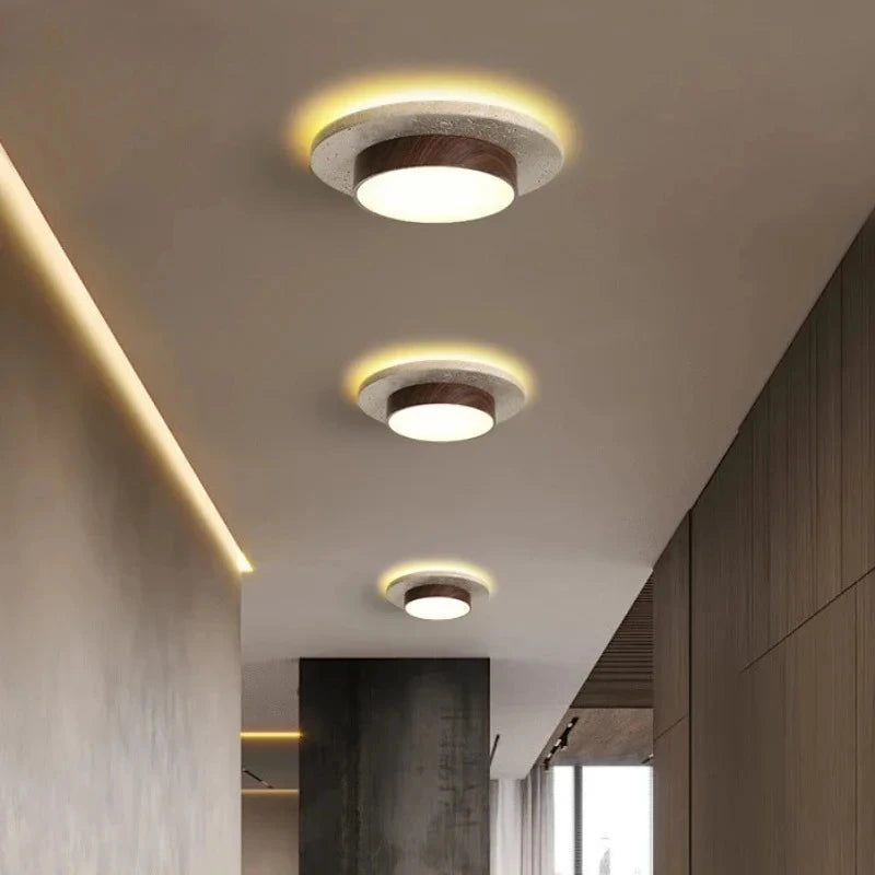 Retro Bedroom Ceiling Light Circular Stone LED Ceiling Lamp Walnut/wooden Balcony Hallway Living Room Indoor Light — alternate view