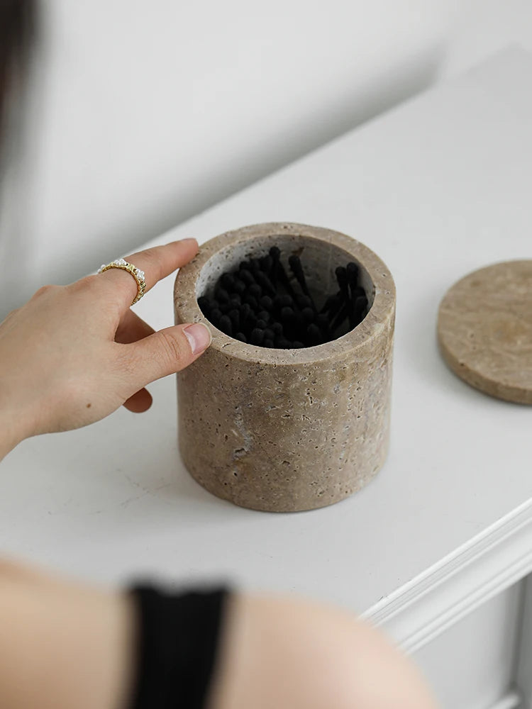 Travertine Cotton Swab Holder — Round Marble Jar, 3.5"