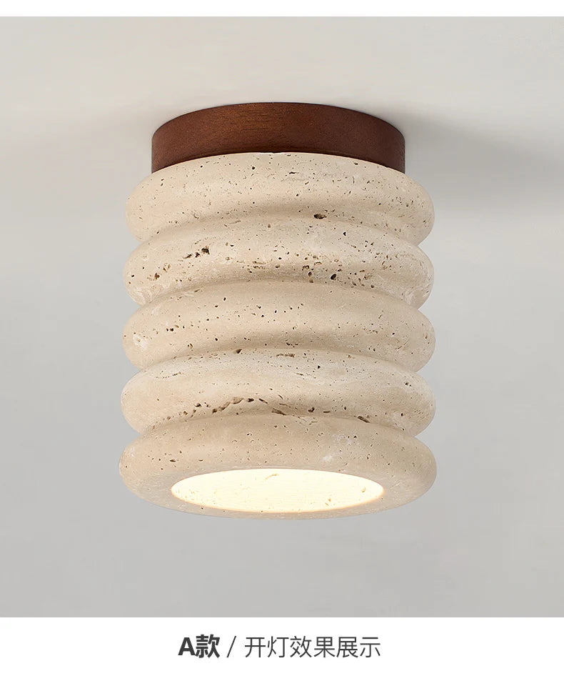 Wabi-Sabi Travertine Ceiling Lamp — Natural Stone & Wood Fixture
