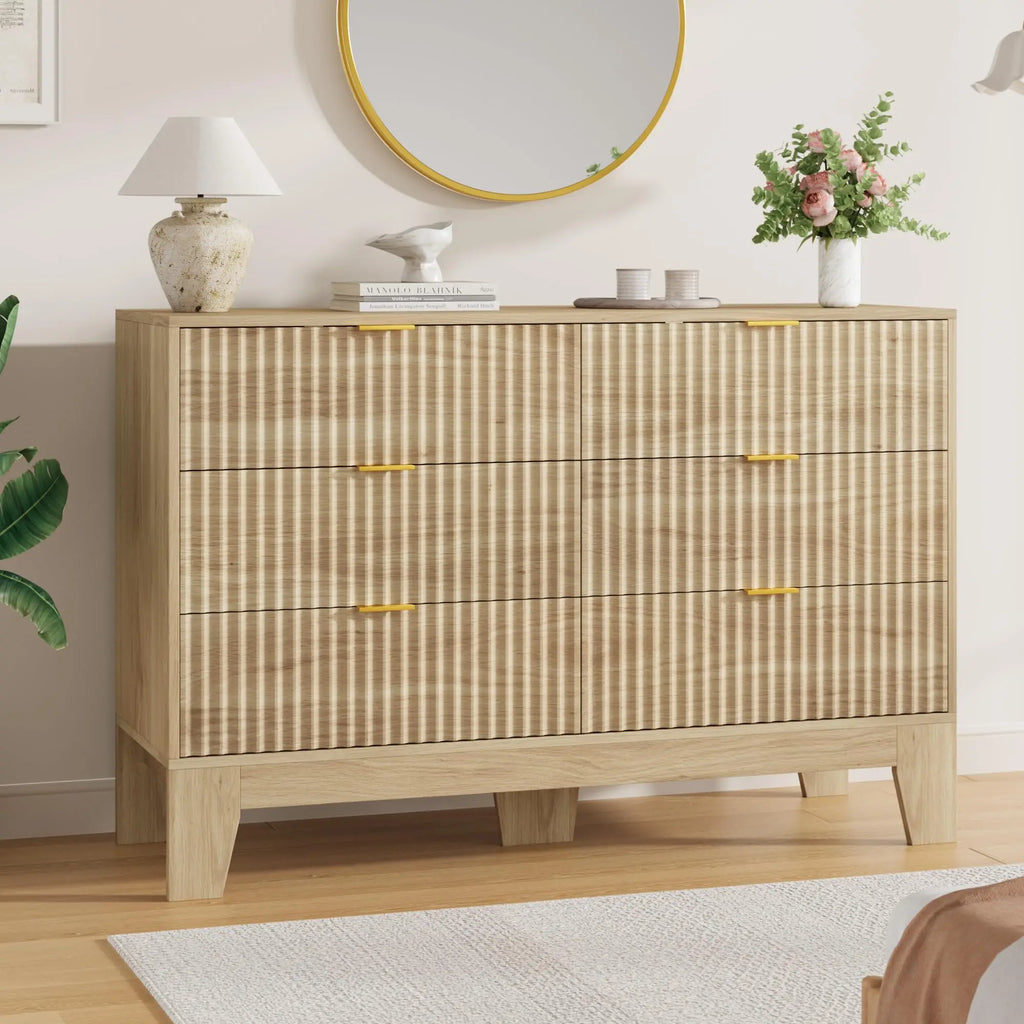 Modern Fluted 6-Drawer Dresser — 47" Wide Oak Chest