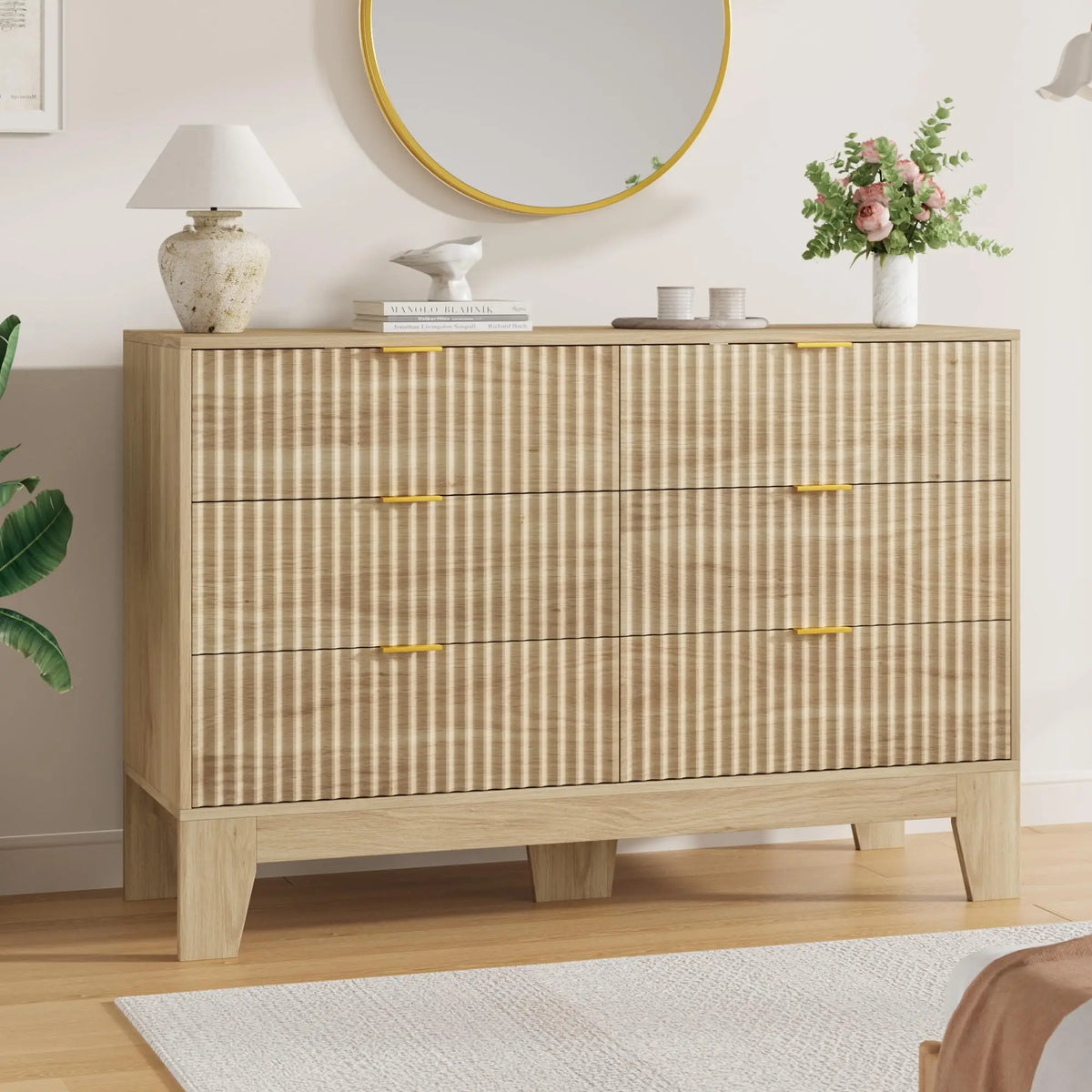 Modern Fluted 6-Drawer Dresser — 47" Wide Oak Chest