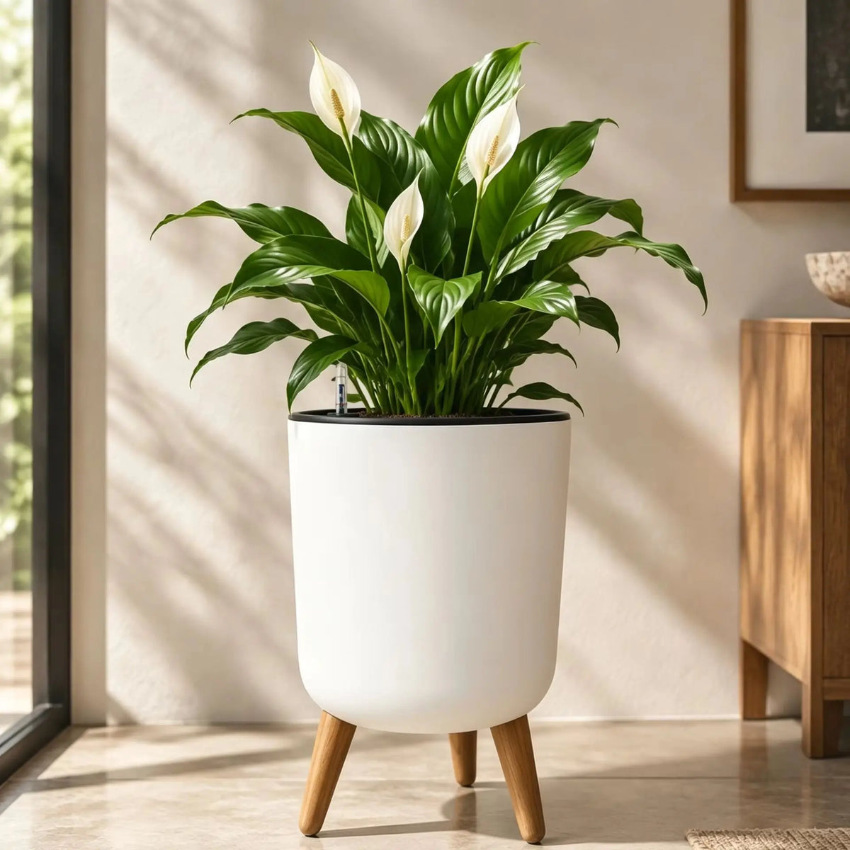 Self-Watering Floor Planter with Stand — White, Water Level Gauge