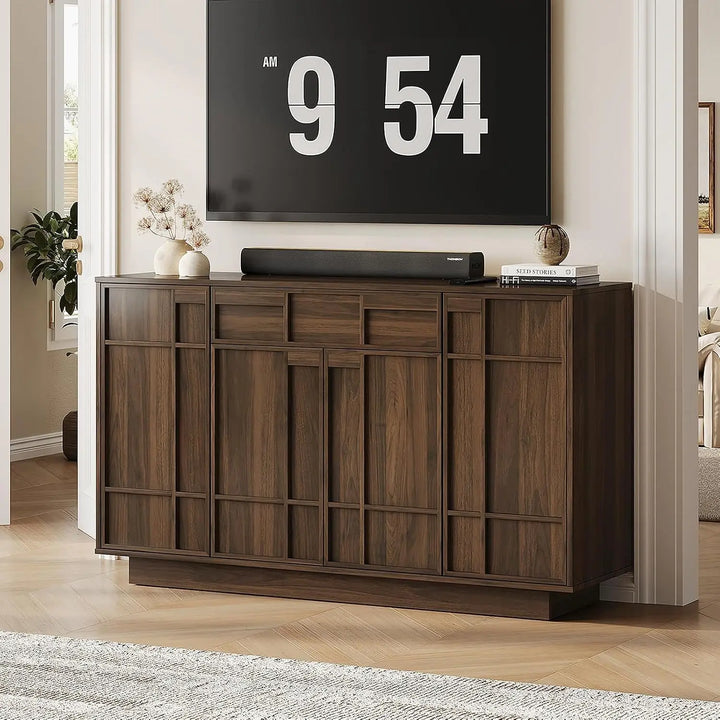ONBRILL 55" Walnut Sideboard Buffet Cabinet with LED Lights