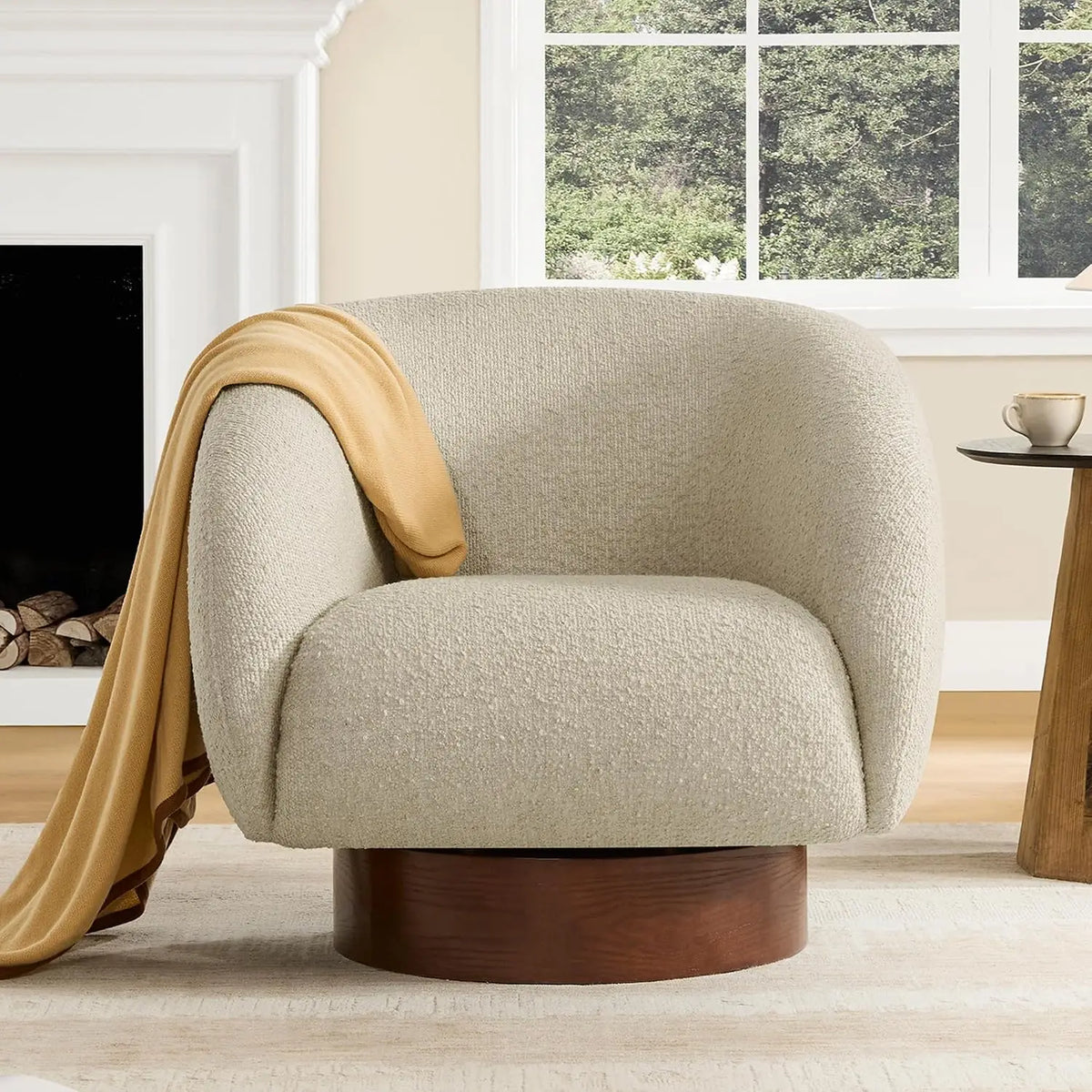 Oatmeal Boucle Swivel Accent Chair — Wood Base Armchair