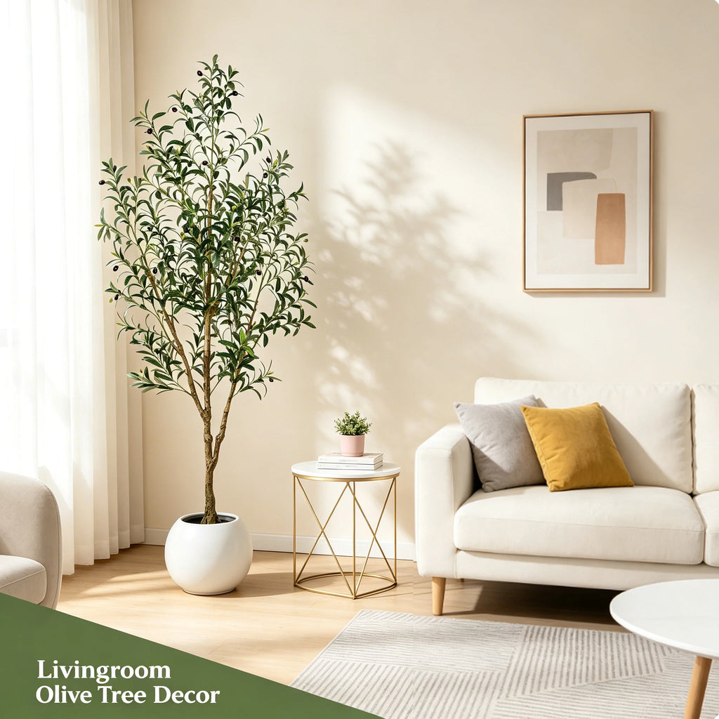 Olive Trees Artificial Indoor, 5.25/6.10/7.10FT Tall Faux Olive Tree with Black Pot, Artificial Plants with Natural Wood Trunk and Lifelike Fruits for Home Office Decor — alternate angle