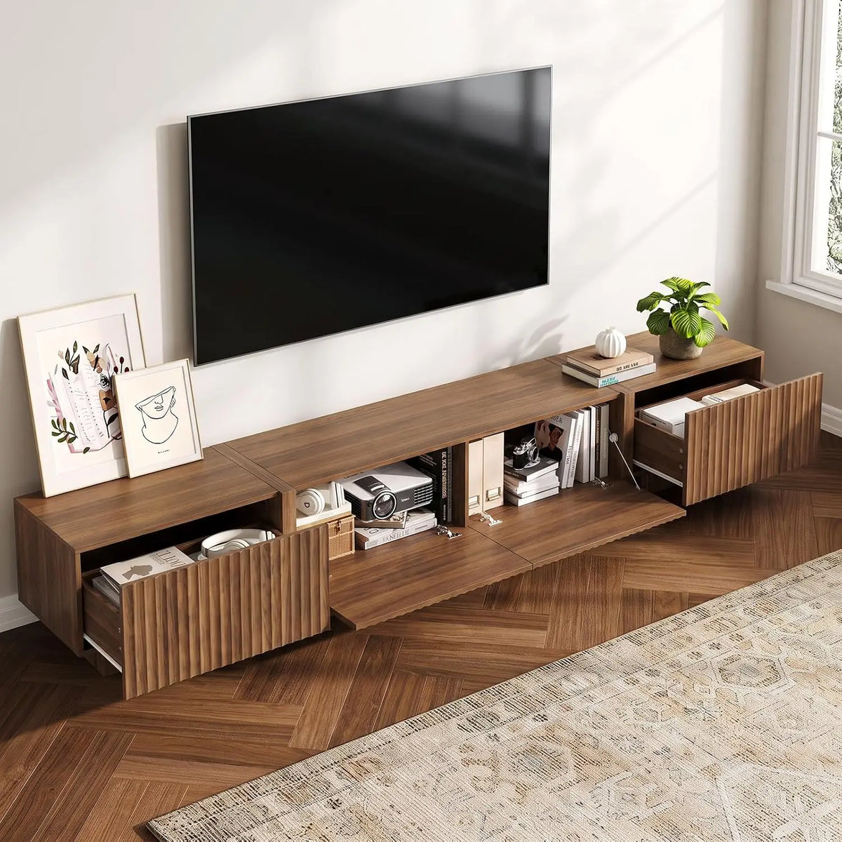 Fluted walnut TV stand, 98 inches, in a living room setting