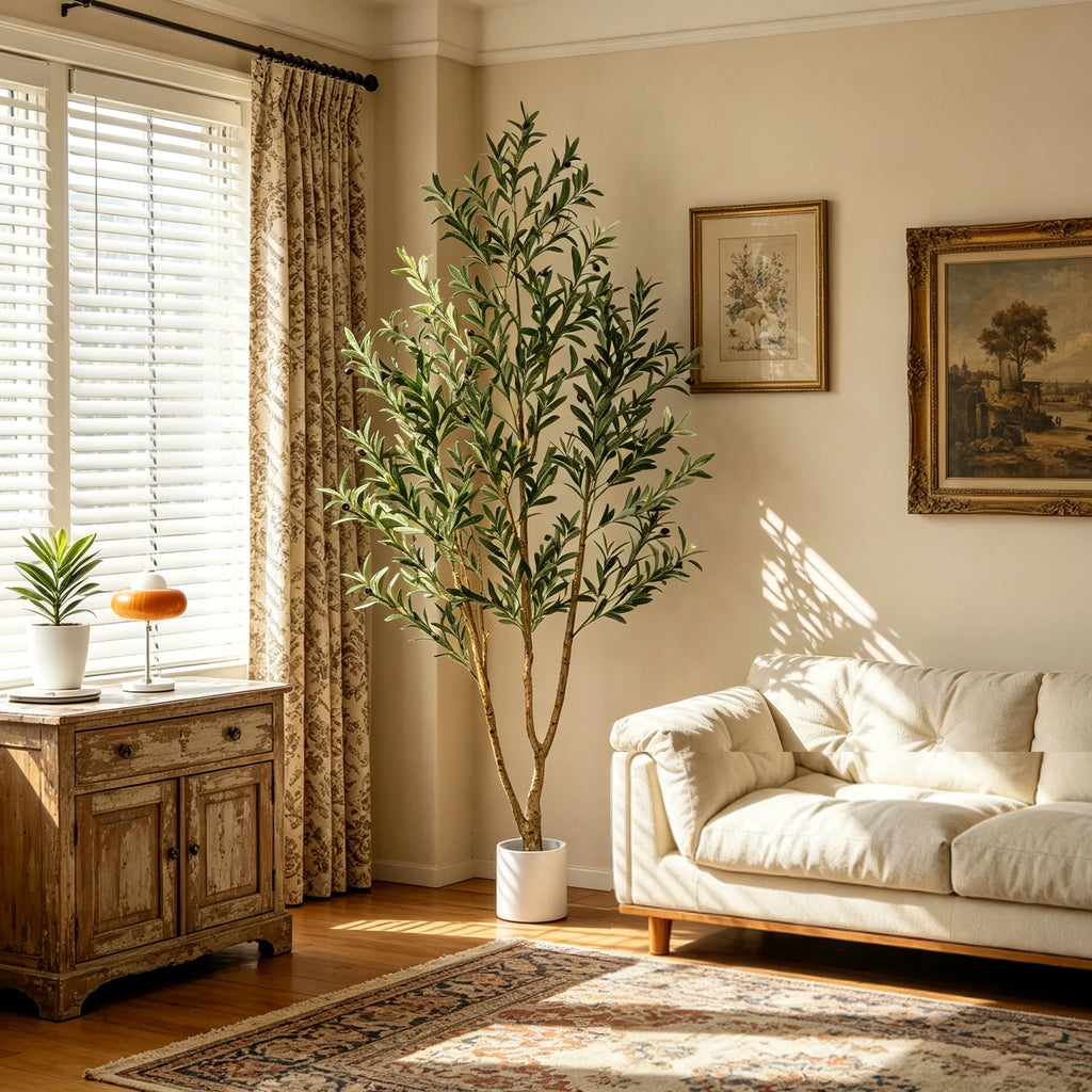 5/6/7ft Olive Trees Artificial Indoor Outdoor Faux Olive Tree with White Tall Planter, Artificial Plants with Natural Wood Trunk and Lifelike Fruits for Home Office Decor — main view