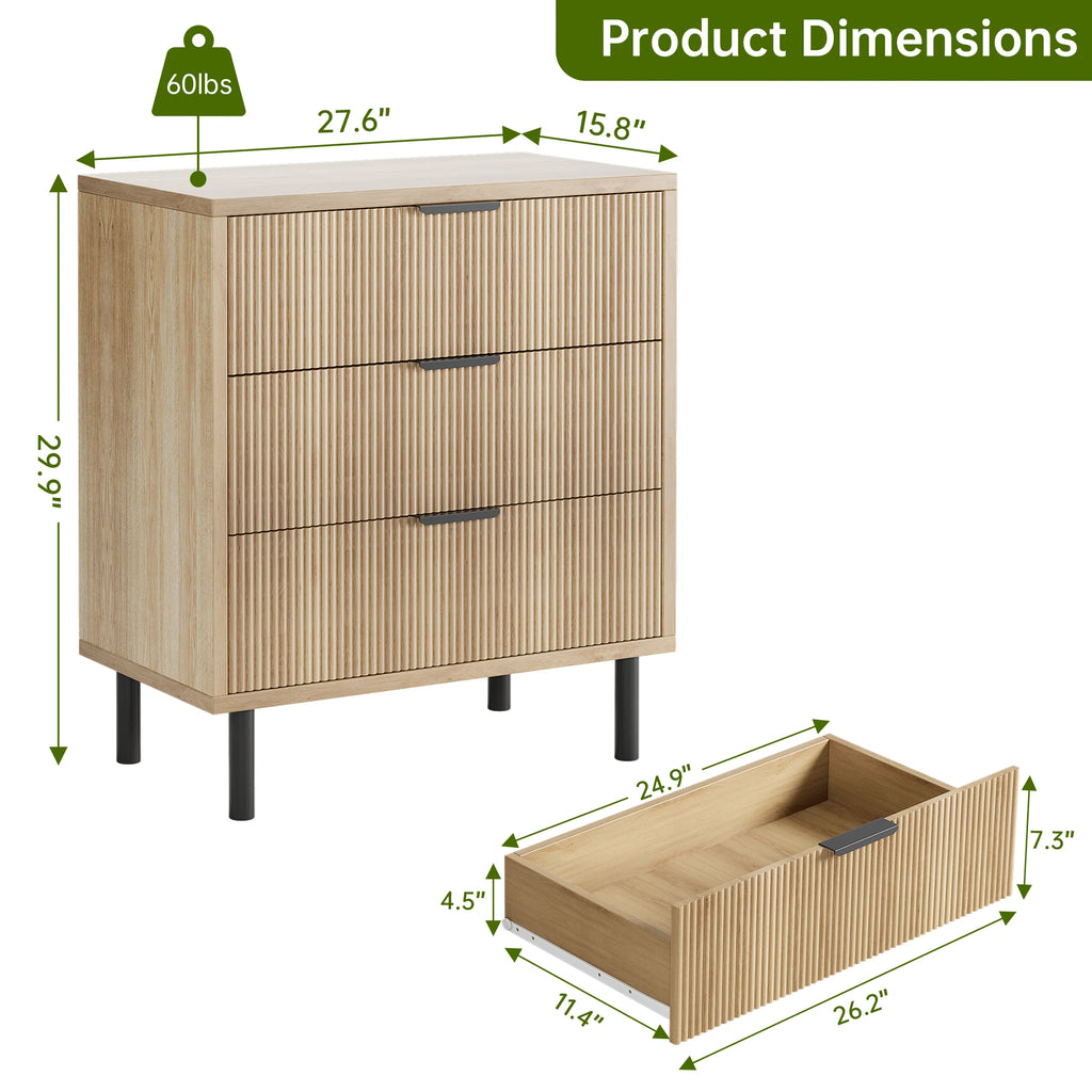 Fluted 3-Drawer Dresser — Modern Wood Bedroom Chest