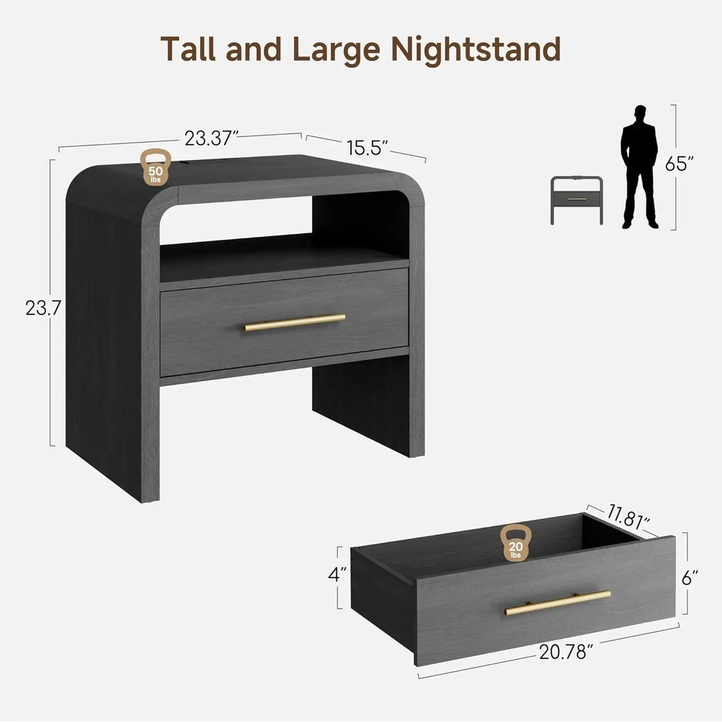 Curved Nightstand Set of 2 with Charging Station, 24"