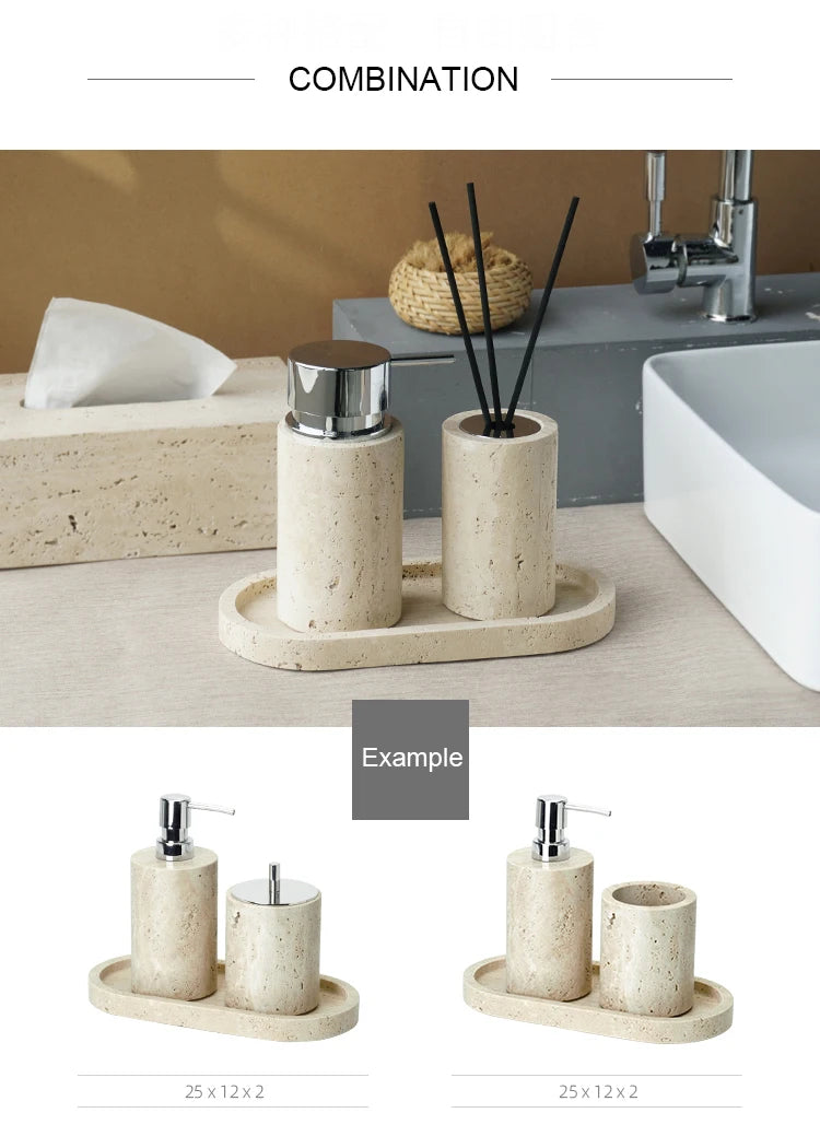 Travertine Bathroom Accessory Set — Vanity Tray & Diffuser, 9-Piece