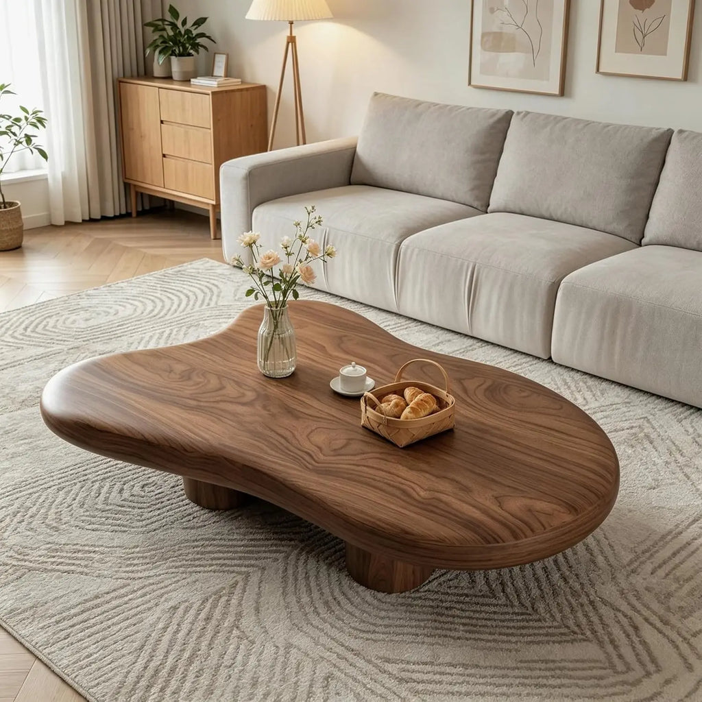 Modern cloud-shaped coffee table with drum legs in solid wood