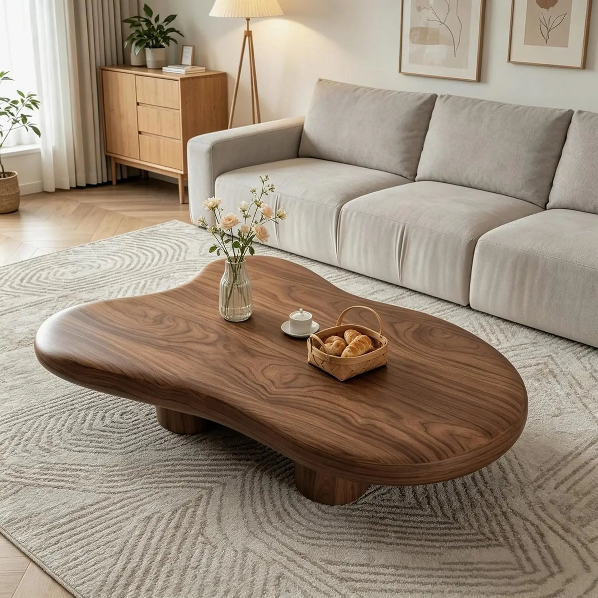 Modern cloud-shaped coffee table with drum legs in solid wood
