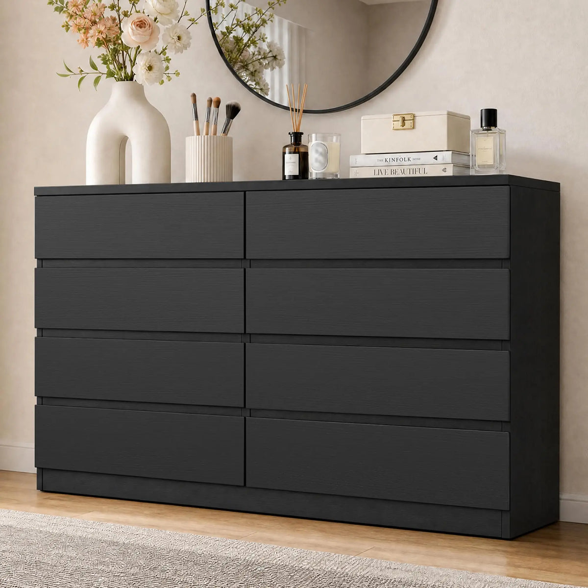 Modern eight-drawer wood storage cabinet — front angle detail