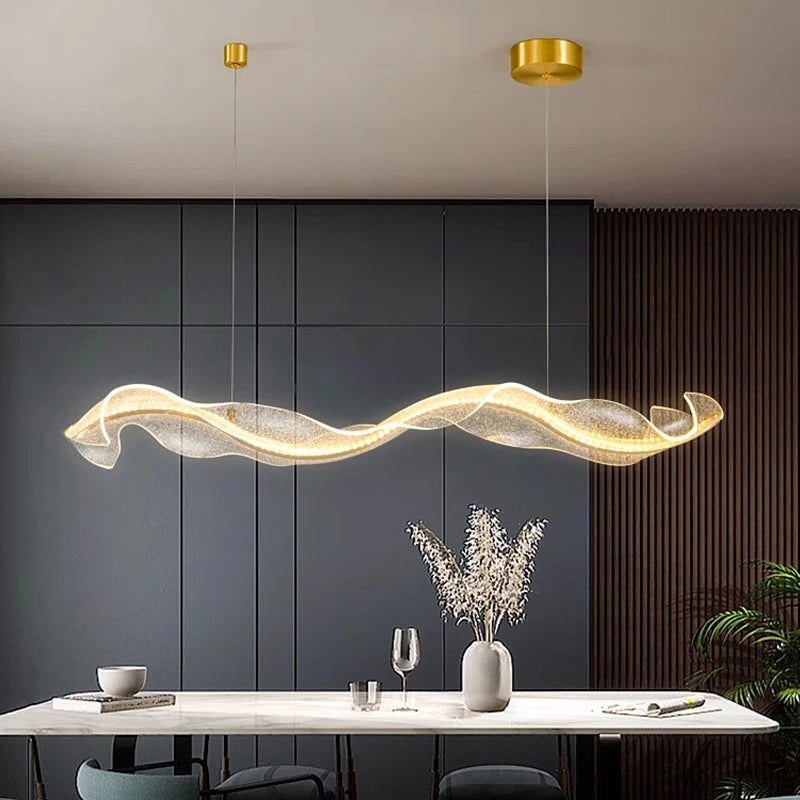 Organic Wave LED Pendant — Brass & Marble Statement Light