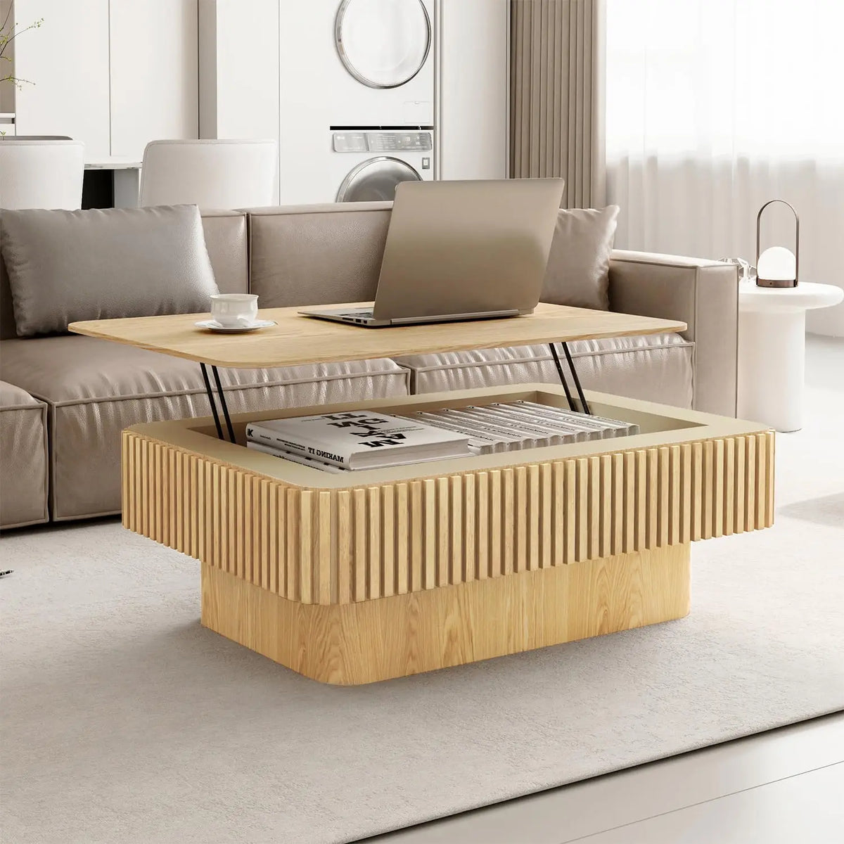 Rectangle Fluted Lift-Top Coffee Table with Storage