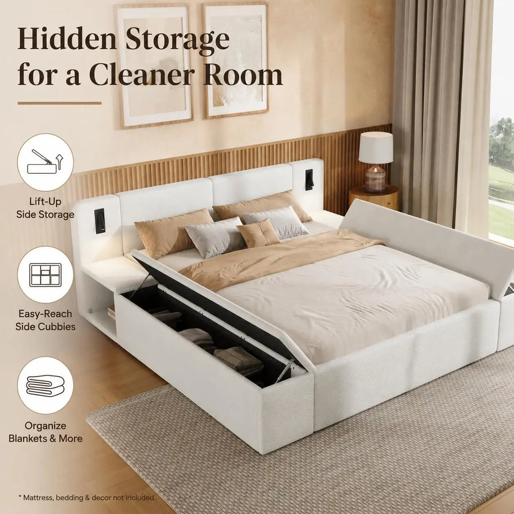 Upholstered king storage bed with LED headboard — side angle