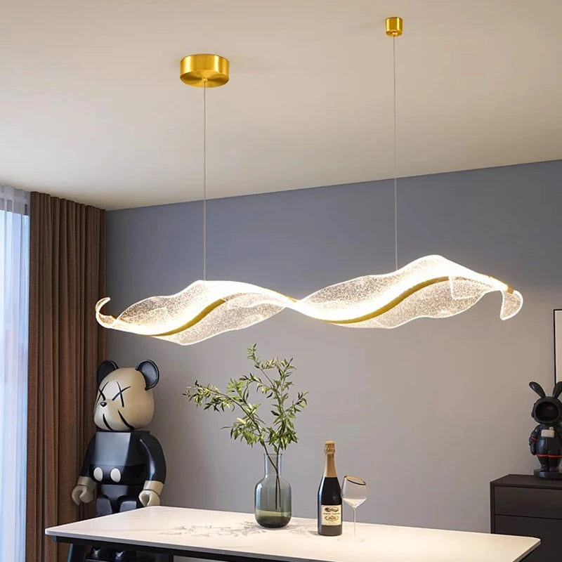 Organic Wave LED Pendant — Brass & Marble Statement Light