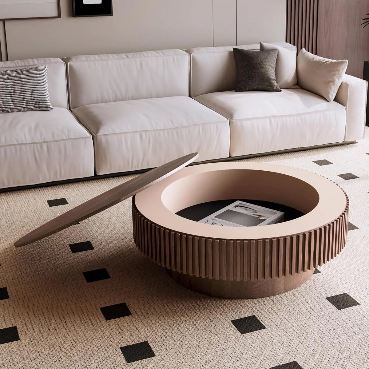 Round Storage Coffee Table - Modern Walnut