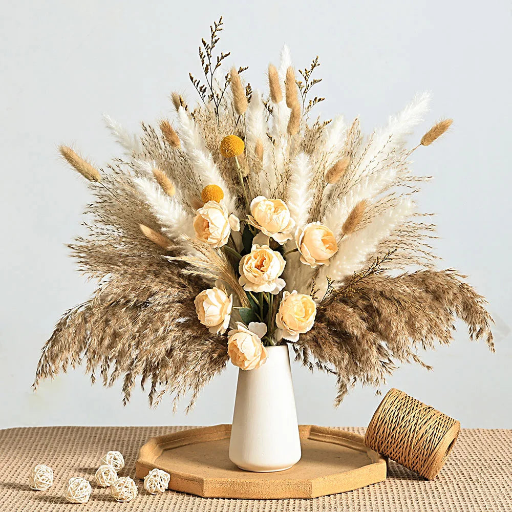 Faux Peony & Pampas Mix Bouquet — Dried-Look Boho Centerpiece