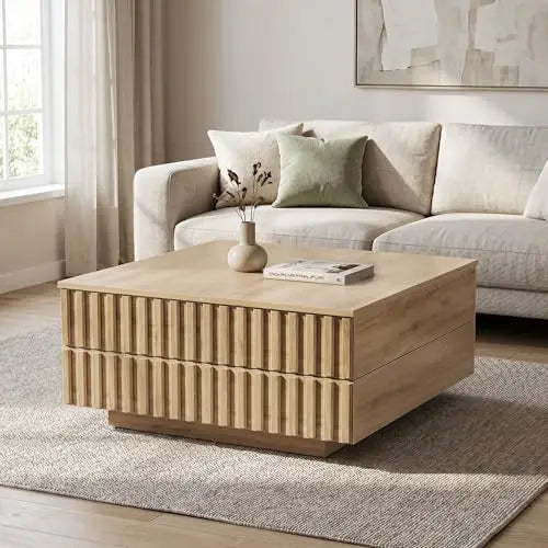 Oak fluted square coffee table with sliding top — product detail view