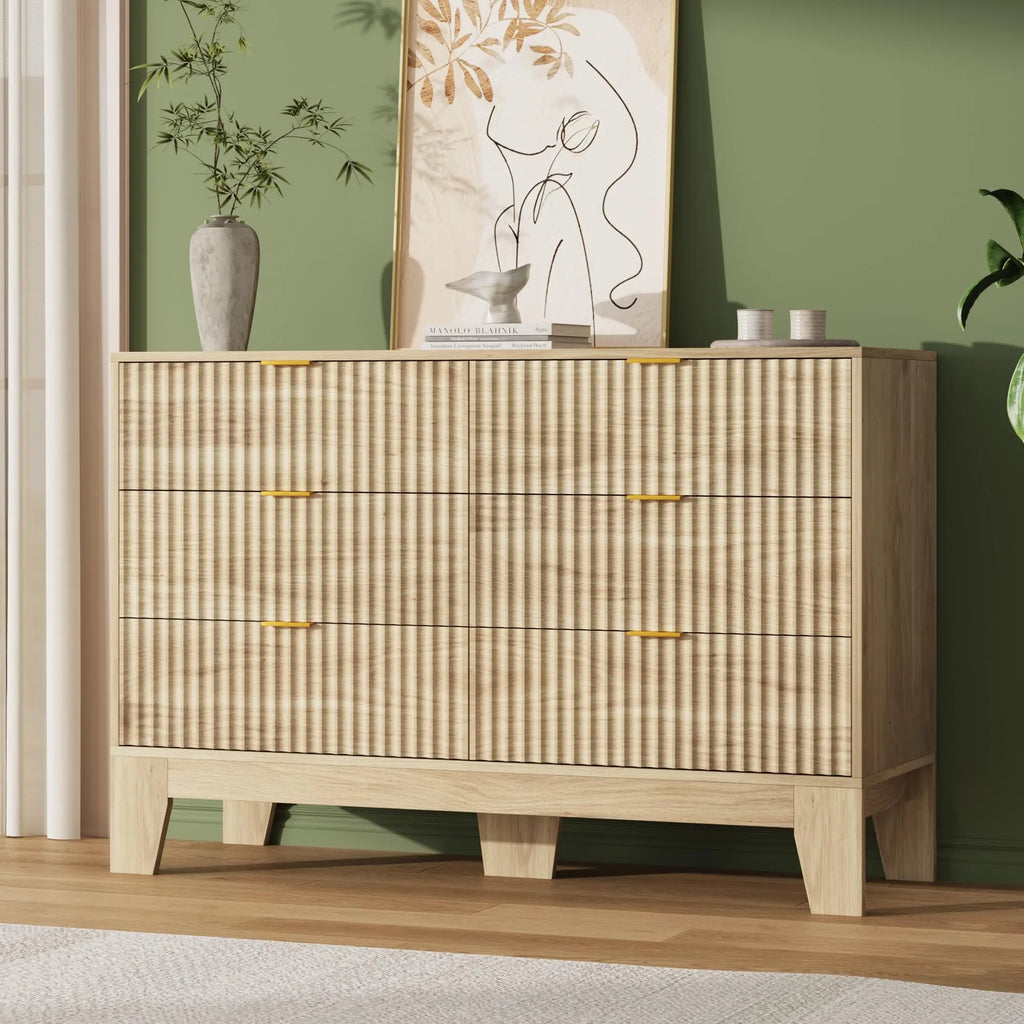 Modern Fluted 6-Drawer Dresser — 47" Wide Oak Chest