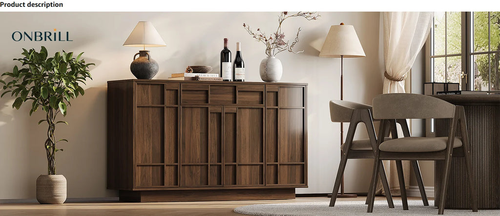 ONBRILL 55" Walnut Sideboard Buffet Cabinet with LED Lights